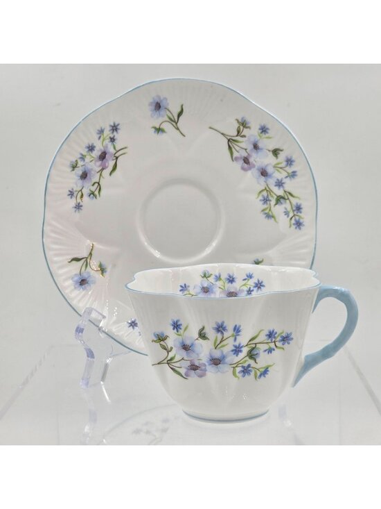 Shelley Other - Shelley Blue Rock Dainty Set of 2 Flat Cup and Saucer Set Blue Trim Bone China